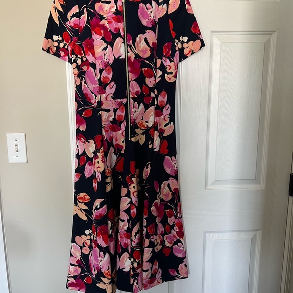 Women's Short Sleeve Floral Printed Scuba Crepe Fit and Flare Dress - Picture 6 of 9